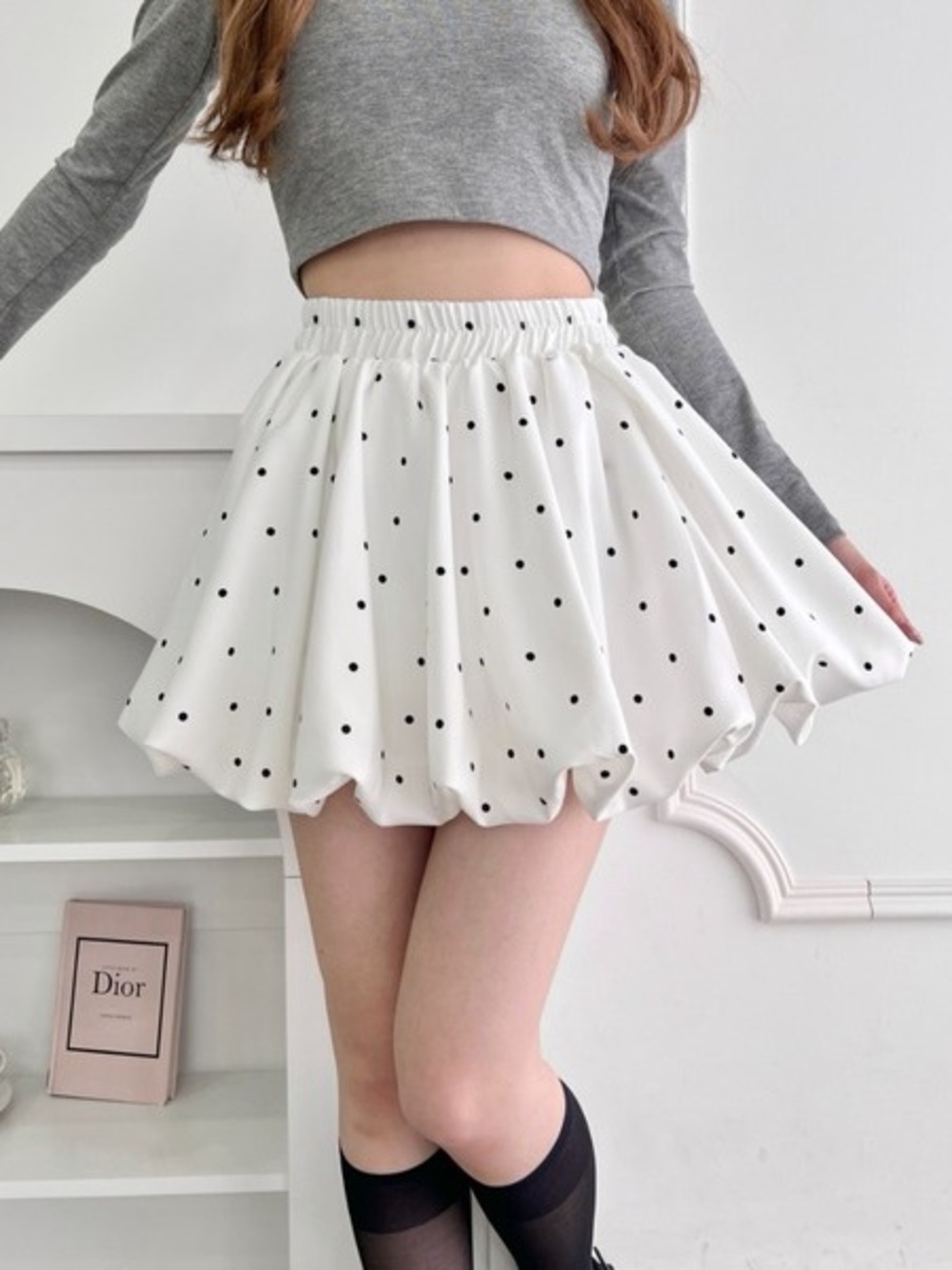 Polka Dot Bubble Skirt - White with Black Dots Size S